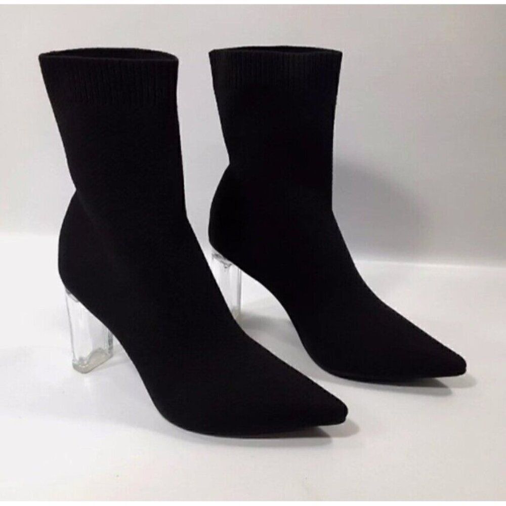 Cuccoo New Black Sock Booties Heels Block Clear High Heels 7